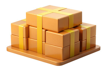 Obraz premium Stack of brown cardboard boxes with yellow ribbon straps on a tray for delivery, packaging, shipping, and storage isolated on transparent background