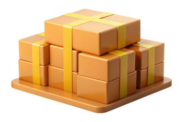 Stack of brown cardboard boxes with yellow ribbon straps on a tray for delivery, packaging, shipping, and storage isolated on transparent background