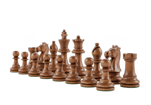 High-resolution chess pieces set for strategy games, wooden tournament chessmen, chessboard game pieces, wood chess figures isolated on transparent background - Powered by Adobe