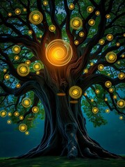 Gnarled, old oak tree with luminous, swirling orbs of light dancing around its branches,  whimsical, tree