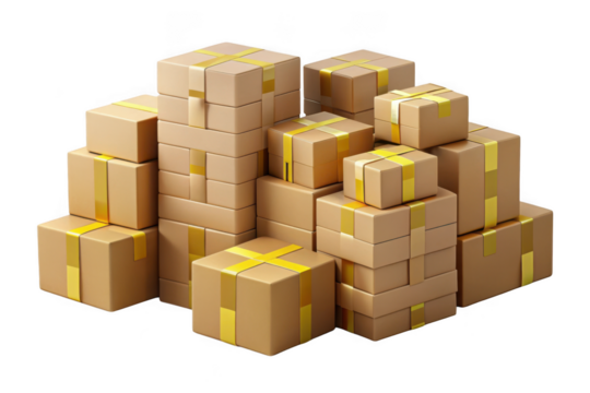 Pile of brown cardboard boxes with yellow tape for shipping and moving services stock photo isolated on transparent background
