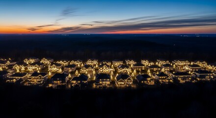 Fototapeta premium Aerial view of a residential neighborhood at dusk with illuminated houses and a vibrant horizon.