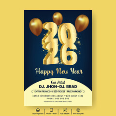 Happy New Year 2026 Celebration night Party a4 print Flyer and poster Template with 3d Typography and Balloons, Sparkling Fireworks, and New Year celebration brochure, leaflet, cover template design