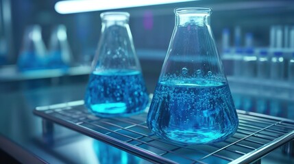 Erlenmeyer flasks filled with vibrant blue liquid in a lab setting