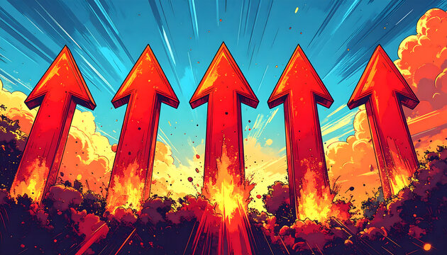 Five red arrows rising upwards in a dramatic, energetic, and powerful way, symbolizing growth, success, and upward movement against a vibrant sky