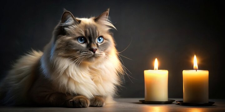 Serene Ragdoll Cat Gazes Pensively Beside Two Gently Burning Candles in a Dark Setting