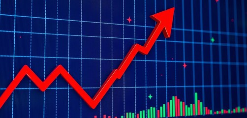 Red down arrow on stock chart graph showing market crash,  price drop,   market fluctuation