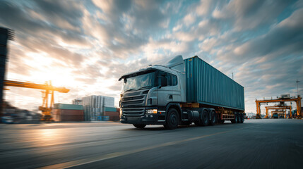 Truck transporting shipping container through industrial area. Intermodal transportation connecting port to inland destinations freight distribution network for global supply chain logistics concept.