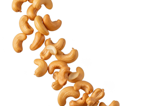 Pile of delicious roasted cashew nuts, healthy snack, vegan food, and culinary ingredient stock photo, isolated on transparent background