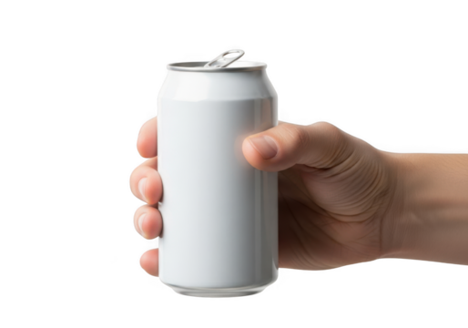 Hand holding white aluminum soda can mockup, drink container, beverage package, blank label, product presentation, advertising isolated on transparent background