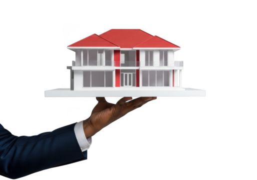 Modern house architecture model red roof held by hand real estate concept design isolated on transparent background