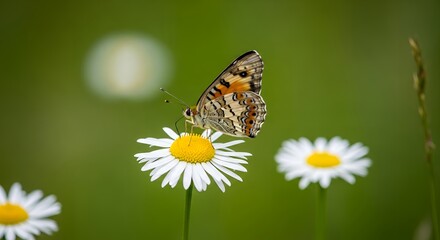 Obraz premium Butterfly on white daisy in green field
