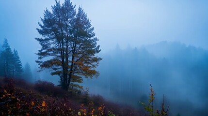 Misty morning forest landscape with lone tree in fog, tranquil autumn scenery in blue tones. Generative AI.