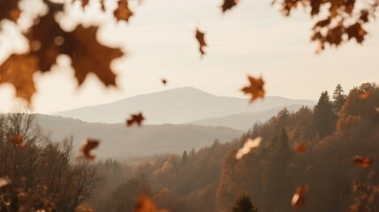 Autumn mountain landscape with falling leaves and forest in warm sunlight, peaceful fall scenery. Generative AI.