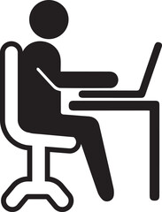 Working at office Desk on computer. Black and White vector Icon.