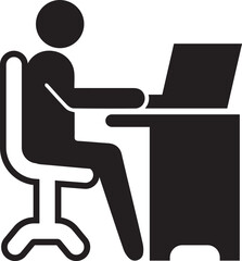 Working at office Desk on computer. Black and White vector Icon.