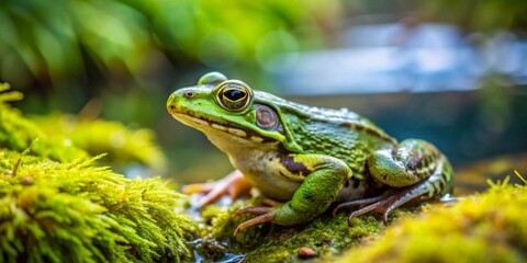 Fototapeta premium A Vibrant Green Frog Perched on Mossy Rock Near Tranquil Water, Basking in the Sunlight