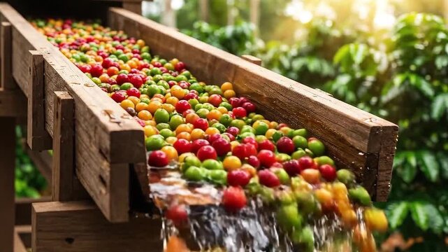 Bright Shot of Fresh Coffee Beans in Wooden Channel with Clean Water and Lush Greenery in Background at Sunny Plantation for Harvest Concept Video