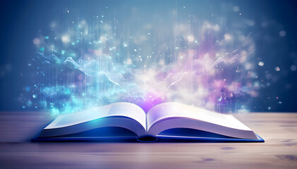 Open book with holographic light forming around it.