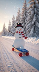Fototapeta premium Snowman on Skateboard in Snowy Winter Forest Landscape.