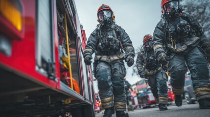 Firefighters in full protective gear boarding an emergency vehicle at an active fire station. Urgency, teamwork, and heroic commitment of a rapid response unit ready to face danger and protect lives.