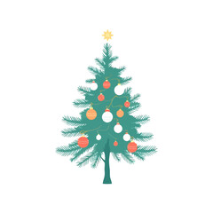 A stylized Christmas tree adorned with colorful ornaments and topped with a golden star.