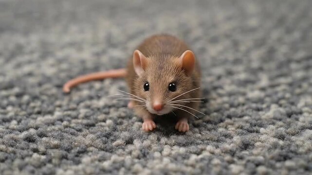 Brown House Mouse Close Up View with Pink Tail and Whiskers on Gray Textured Carpet Background with Direct Lighting Animal Pet Rodent Inspection Pest Control Awareness Campaign
