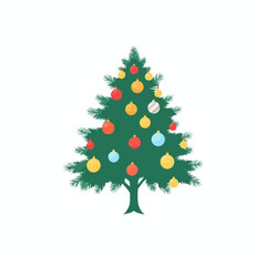 A festive green Christmas tree adorned with colorful ornaments, isolated on white.