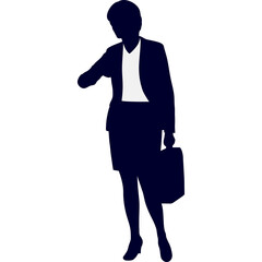 Silhouette Of A Business Woman In A Dark Suit And White Blouse Checking Her Watch While Holding A Briefcase Isolated On A White Background