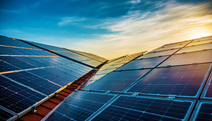 Solar panels reflecting sunlight, blue sky above.