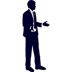 Silhouette of a Businessman in a Dark Blue Suit Gesturing with Open Hands Against a Transparent White Background in a Studio Shot