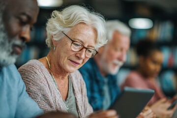 Active seniors participating in technology workshop using tablets showcasing collaborative digital skill development at community center for mature adults lifelong learning education and empowerment.