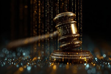 Judge gavel merged with holographic data streams and binary rain code representing artificial intelligence fairness and discrimination in law, abstract ethics in technology and algorithmic justice.