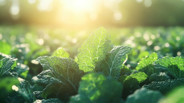 Organic Kale Leaves Illuminated by Sunlight in a Garden