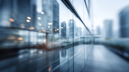 Blurred glass wall of contemporary business office building. Corporate architecture. Modern commercial workplace urban center. Abstract background for business, financial, and technology concept.