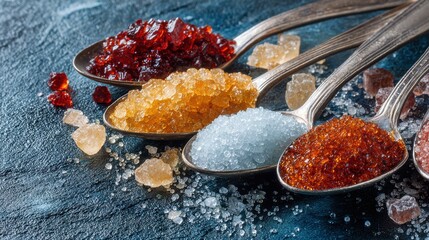 Alternative granular sweeteners displaying natural crystal structures and textures. Healthy nutrition concept diet friendly food ingredients for wellness lifestyle and culinary innovation alternatives