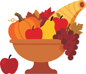 Abundant harvest cornucopia overflows with vibrant fruits and autumn leaves symbolizing bounty and gratitude