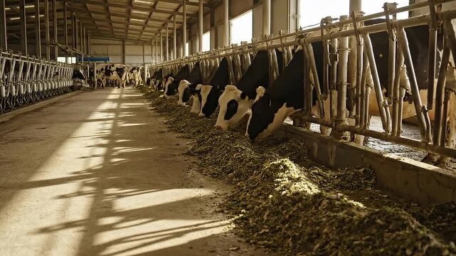 Cattle Feeding Inside a Modern Barn with Natural Light Shining Through Roof Cows Standing at Feed Bunks Eating Hay Silage on a Farm at Golden Hour in a Livestock Building