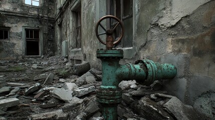 Oxidized Copper Pipes and Valve Emerging from Building Rubble