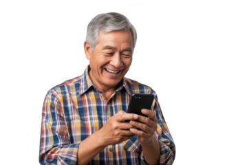 Smiling senior asian man using smartphone, happy elderly person with mobile phone, isolated on transparent background