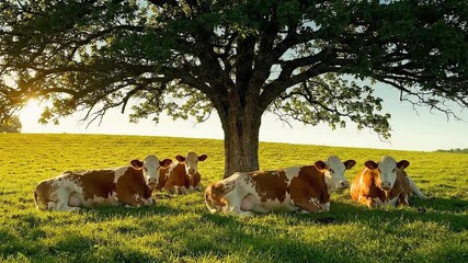 Cattle Grazing Under Tree on Meadow at Sunny Day in Countryside Idyllic Scene Brown and White Cows Relaxing in Pasture Sunlight on Grass Field Under Shade 190 Characters