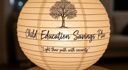 A paper lantern with child education savings message and a tree illustration