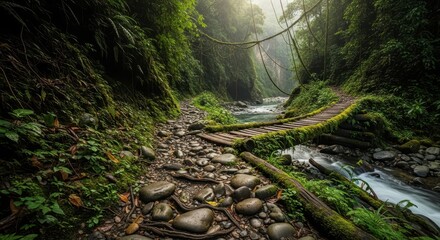A rocky path and wooden bridge beside a river in a lush jungle