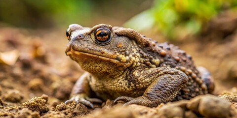 Obraz premium Close-up view of a common toad amidst earthy tones, showcasing its textured skin and expressive eyes in a natural habitat