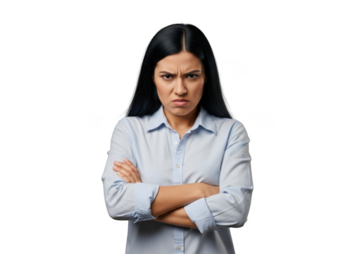 Frowning angry woman with arms crossed looking annoyed and frustrated portrait png image for design and mockups isolated on transparent background