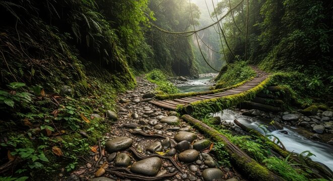 A rocky path and wooden bridge beside a river in a lush jungle - Powered by Adobe