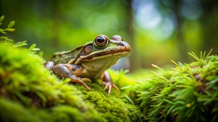 Obraz premium A Vibrant Green Frog Perched Atop Lush Mossy Surface in a Tranquil Forest Habitat