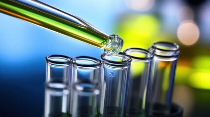 Pipette adding green liquid into test tubes in laboratory
