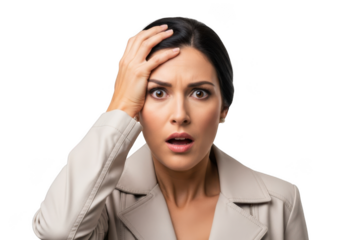 Stressed business woman with hand on head expressing frustration, anxiety, and overwhelmed feelings, isolated on transparent background