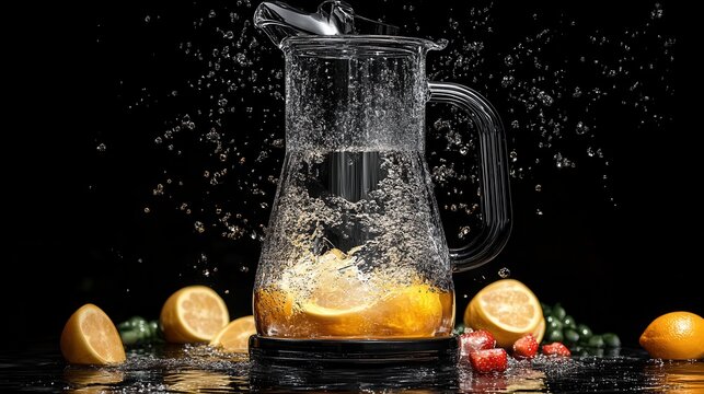 Pitcher of water being blended with lemon and rotating blades